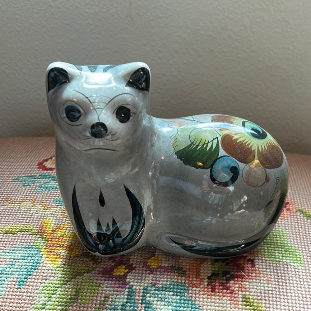 Vintage Mexican Folk Art Floral Ceramic Cat Sculpture